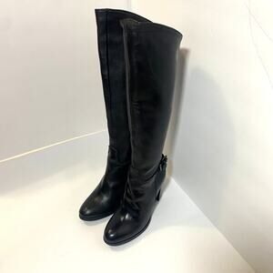 Alma Black Leather Knee High Heeled Boots with Buckle Accents Sz 36 US Sz 6